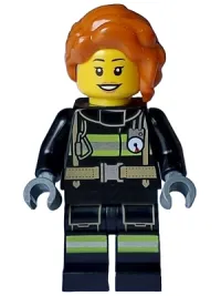 LEGO Fire - Female, Black Jacket and Legs with Reflective Stripes, Dark Orange Hair Wavy, Loose Braid minifigure