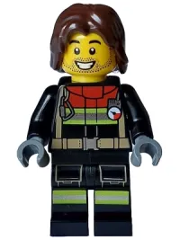 LEGO Fire - Male, Black Jacket and Legs with Reflective Stripes and Red Collar, Dark Brown Hair Mid-Length Tousled set