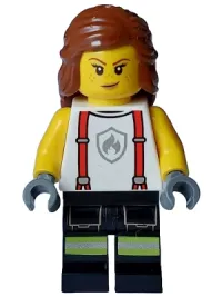 LEGO Fire - Female, White Shirt with Suspenders, Legs with Reflective Stripes, Reddish Brown Hair with Braid minifigure