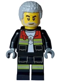 LEGO Fire - Male, Black Open Jacket and Legs with Reflective Stripes and Red Collar, Light Bluish Gray Coiled Hair minifigure