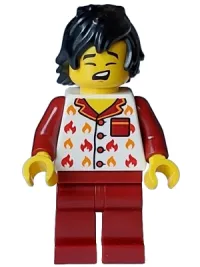 LEGO Fire - Male, White Jacket with Flames, Dark Red Legs, Black Tousled Hair minifigure