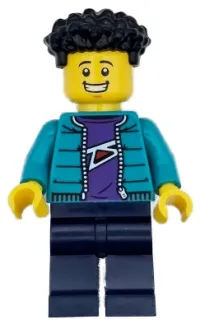 LEGO Race Photographer - Male, Dark Turquoise Jacket, Dark Blue Legs, Black Coiled Hair set