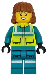 LEGO Ambulance Driver - Female, Dark Turquoise and Neon Yellow Safety Vest, Legs with Silver Reflective Stripes, Dark Orange Mid Length Hair minifigure