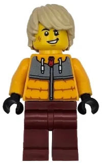 LEGO Snowboarder - Male, Bright Light Orange Jacket, Dark Red Legs, Tan Tousled Hair, Scuff Mark set