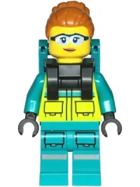 LEGO Paramedic - Female, Dark Turquoise and Neon Yellow Safety Vest, Legs with Silver Reflective Stripes, Dark Orange High Bun, Backpack minifigure