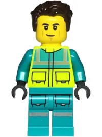 LEGO Paramedic - Male, Dark Turquoise and Neon Yellow Safety Vest, Legs with Silver Reflective Stripes, Dark Brown Hair set