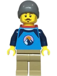 LEGO Hiker - Male, Dark Azure and Dark Blue Shirt with Mountains, Dark Tan Legs, Dark Bluish Gray Beanie, Red Backpack Thin minifigure