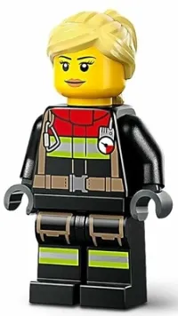 LEGO Fire - Female, Black Jacket and Legs with Reflective Stripes and Red Collar, Bright Light Yellow Hair Ponytail and Swept Sideways Fringe minifigure