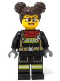 LEGO Fire - Female, Black Jacket and Legs with Reflective Stripes and Red Collar, Dark Brown Hair with Buns minifigure