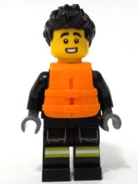 LEGO Fire - Male, Black Jacket and Legs with Reflective Stripes, Black Spiked Hair, Orange Life Jacket  minifigure