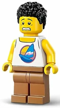 LEGO Barbequer - Male, White Tank Top with Dark Azure Sailboat, Medium Nougat Legs, Black Short Coiled Hair minifigure