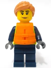 LEGO Police - City Officer Female, Neon Yellow Safety Vest, Orange Life Jacket, Nougat Hair minifigure