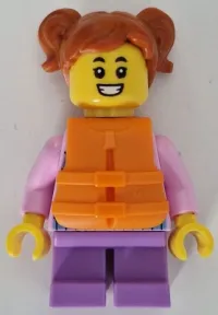 LEGO Child - Girl, Bright Pink Hoodie with Medium Blue and White Diagonal Stripes, Medium Lavender Short Legs, Dark Orange Hair with Pigtails, Orange Life Jacket minifigure