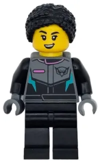 LEGO Race Car Driver - Female, Black, Dark Bluish Gray and Dark Turquoise Racing Suit with Hawk, Black Legs and Braided Hair with Knot Bun set