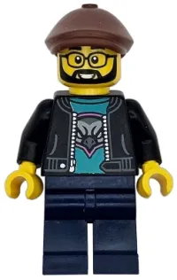 LEGO Race Truck Driver - Male, Black Jacket over Dark Turquoise Shirt with Hawk, Dark Blue Legs, Reddish Brown Flat Cap set