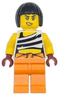 LEGO Police - City Bandit Crook Female, White Shirt with Black Prison Stripes and Orange Waistband, Orange Legs, Black Bob Cut Hair Short

 set