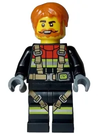 LEGO Fire - Male, Black Jacket and Legs with Reflective Stripes, Harness and Red Collar, Dark Orange Hair, Beard and Moustache set