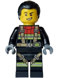 LEGO Fire - Male, Black Jacket and Legs with Reflective Stripes, Harness and Red Collar, Black Hair Ponytail set