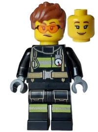 LEGO Fire - Female, Black Jacket and Legs with Reflective Stripes, Reddish Brown Messy Hair, Safety Glasses minifigure