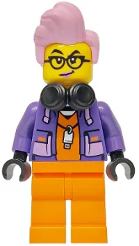 LEGO Police - City Jail Prisoner Female, Orange Prison Jumpsuit, Dark Purple Jacket, Black Headphones, Bright Pink Hair, Black Glasses set