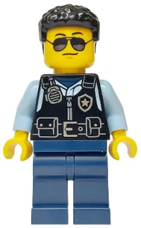 LEGO Police - City Officer Male, Black Safety Vest with Silver Star Badge Logo, Dark Blue Legs, Black Hair, Sunglasses set