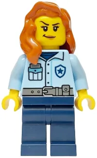 LEGO Police - City Officer Female, Bright Light Blue Shirt, Dark Blue Legs, Dark Orange Hair over Shoulder set