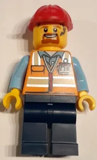 LEGO Construction Worker - Male, Orange Safety Vest with Reflective Stripes, Dark Blue Legs, Red Construction Helmet minifigure