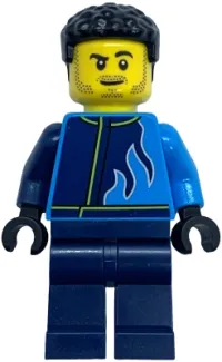 LEGO Monster Truck Driver - Male, Dark Azure and Dark Blue Racing Jacket with Flames, Dark Blue Legs, Black Hair minifigure