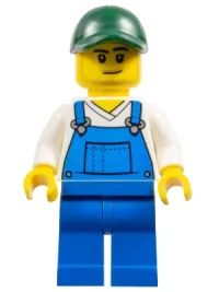 LEGO Farmer - Male, Blue Overalls over V-Neck Shirt, Blue Legs, Dark Green Cap, Stubble minifigure