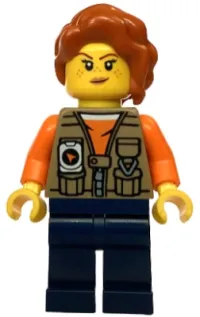 LEGO Jungle Photographer - Female, Dark Tan Vest over Orange Shirt, Dark Blue Legs, Dark Orange Hair minifigure