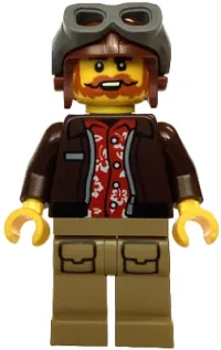 LEGO Jungle Pilot - Male, Dark Brown Jacket over Red Shirt, Dark Tan Legs, Reddish Brown Aviator Cap, Dark Bluish Gray Goggles set