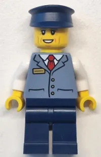 LEGO Bus Driver - Male, Sand Blue Vest over White Shirt, Dark Blue Legs and Hat set