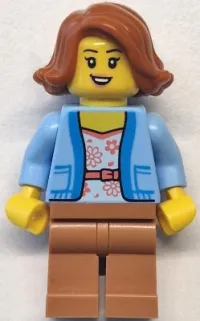 LEGO Bus Passenger - Female, Bright Light Blue Jacket over White Shirt with Coral Flowers, Medium Nougat Legs, Dark Orange Hair minifigure