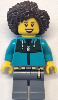 LEGO Bus Passenger - Female, Dark Turquoise Jacket with Dark Green Panel, Dark Bluish Gray Legs, Dark Brown Hair minifigure