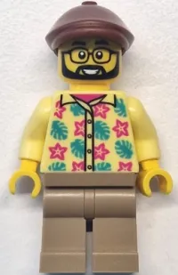 LEGO Bus Passenger - Male, Bright Light Yellow Shirt with Flowers and Leaves, Dark Tan Legs, Reddish Brown Flat Cap minifigure