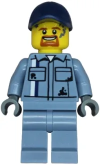 LEGO Tow Truck Driver - Male, Sand Blue Mechanic Shirt, Sand Blue Legs, Dark Blue Cap minifigure