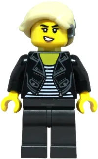 LEGO Sports Car Driver - Female, Black Leather Jacket over Shirt with White Stripes, Pearl Dark Gray Legs, Tan Hair with Cochlear Implant minifigure