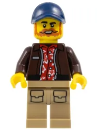 LEGO City Jungle Pilot - Dark Brown Jacket over Red Shirt, Dark Tan Legs, Dark Blue Cap minifigure