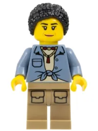 LEGO City Jungle Explorer Female - Sand Blue Knotted Shirt over Tan T-Shirt, Dark Tan Legs, Black Hair minifigure