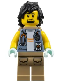 LEGO City Jungle Explorer - Sand Blue Jacket, Stethoscope, Dark Tan Legs, Black Hair, Backpack minifigure