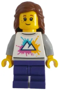 LEGO Tram Passenger - Female, White Shirt with Mountains Logo, Dark Purple Medium Legs, Reddish Brown Hair, Freckles minifigure