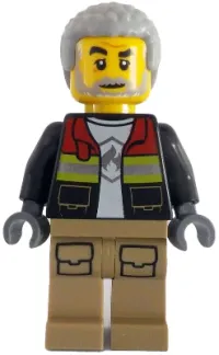 LEGO Fire - Male, Black Open Jacket with Reflective Stripes and Red Collar, Dark Tan Legs, Light Bluish Gray Coiled Hair minifigure