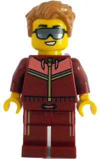 LEGO Tram Passenger - Male, Dark Red and Coral Jogging Suit, Medium Nougat Hair, Sunglasses minifigure