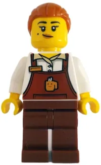 LEGO Barista - Female, Reddish Brown Apron with Cup and Name Tag, Reddish Brown Legs, Dark Orange Hair minifigure