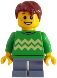 LEGO Child - Boy, Bright Green Sweater with Bright Light Yellow Zigzag Lines, Sand Blue Short Legs, Reddish Brown Hair minifigure