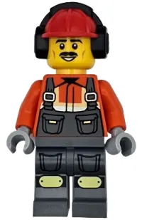 LEGO Construction Worker - Male, Dark Bluish Gray Overalls over Reddish Orange Safety Jacket with Reflective Stripes, Dark Bluish Gray Legs with Knee Pads, Red Construction Helmet with Black Ear Protectors / Headphones, Moustache minifigure