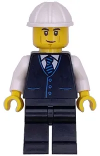 LEGO Construction Engineer / Architect - Male, Black Vest with Blue Striped Tie, Black Legs, White Construction Helmet, Lopsided Grin minifigure