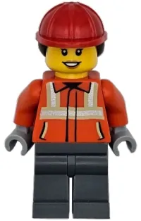 LEGO Construction Worker - Female, Reddish Orange Safety Jacket with Reflective Stripes, Dark Bluish Gray Legs, Red Construction Helmet with Dark Brown Ponytail Hair, Hearing Aid minifigure