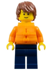 LEGO Man - Reddish Brown Hair, Orange Jacket and Life Jacket, Dark Blue Legs minifigure