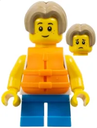 LEGO Child - Boy, White Tank Top with Dark Azure Sailboat, Dark Azure Short Legs, Dark Tan Bowl Cut Hair, Orange Life Jacket minifigure